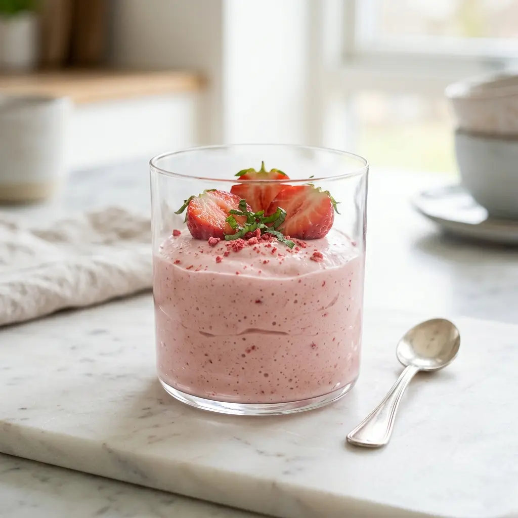 Hjemmelaget jordbærmousse servert som en søt og innbydende dessert