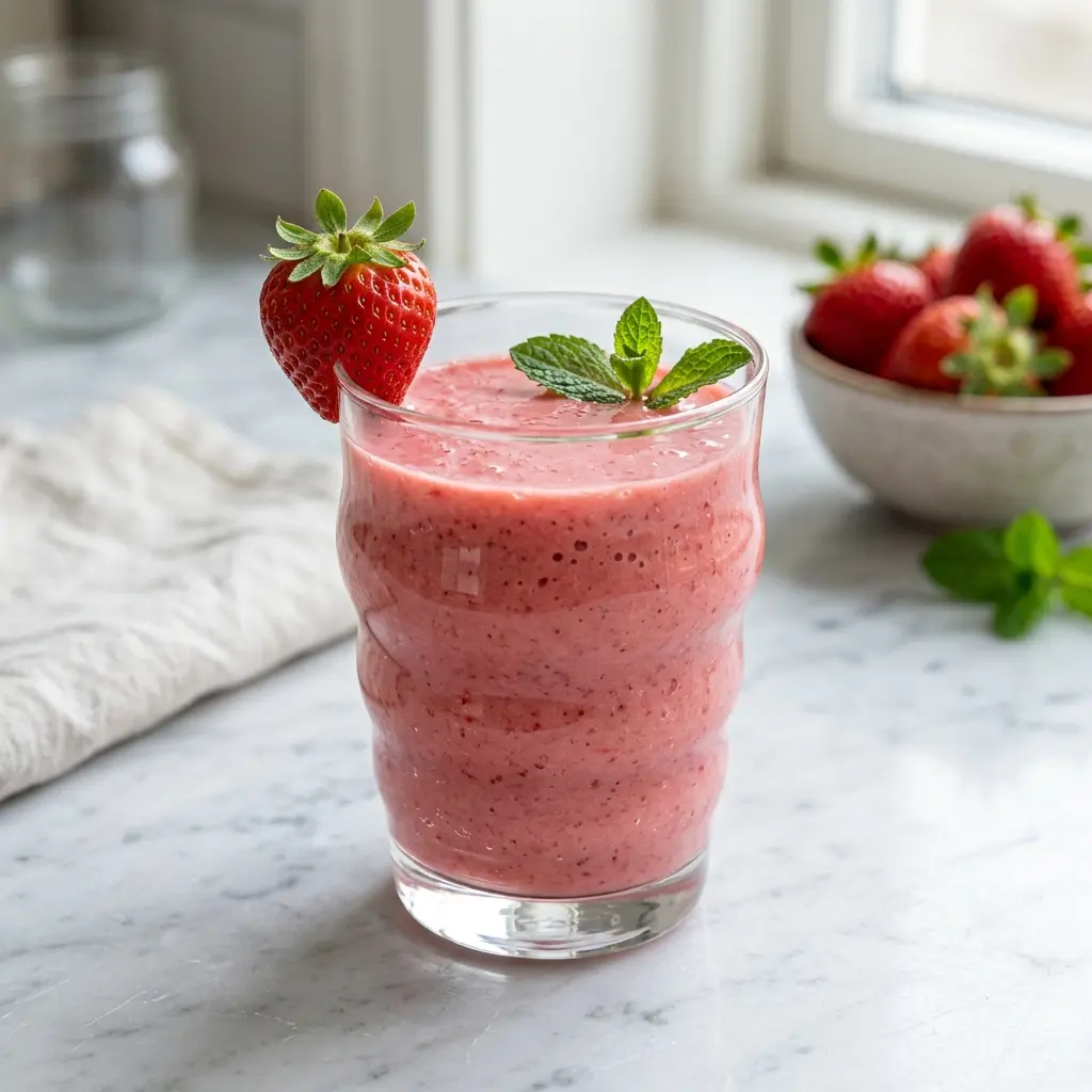 Et glass jordbærsmoothie servert kaldt og friskt med enkel pynt
