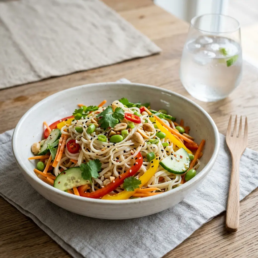En frisk porsjon kald nudelsalat med ferske råvarer og fin servering