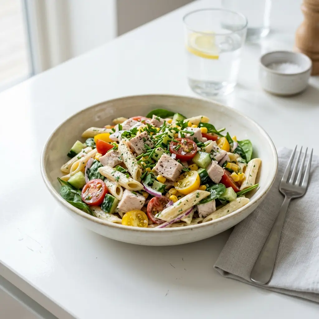 En frisk porsjon kald pastasalat med kalkun med ferske råvarer og fin servering