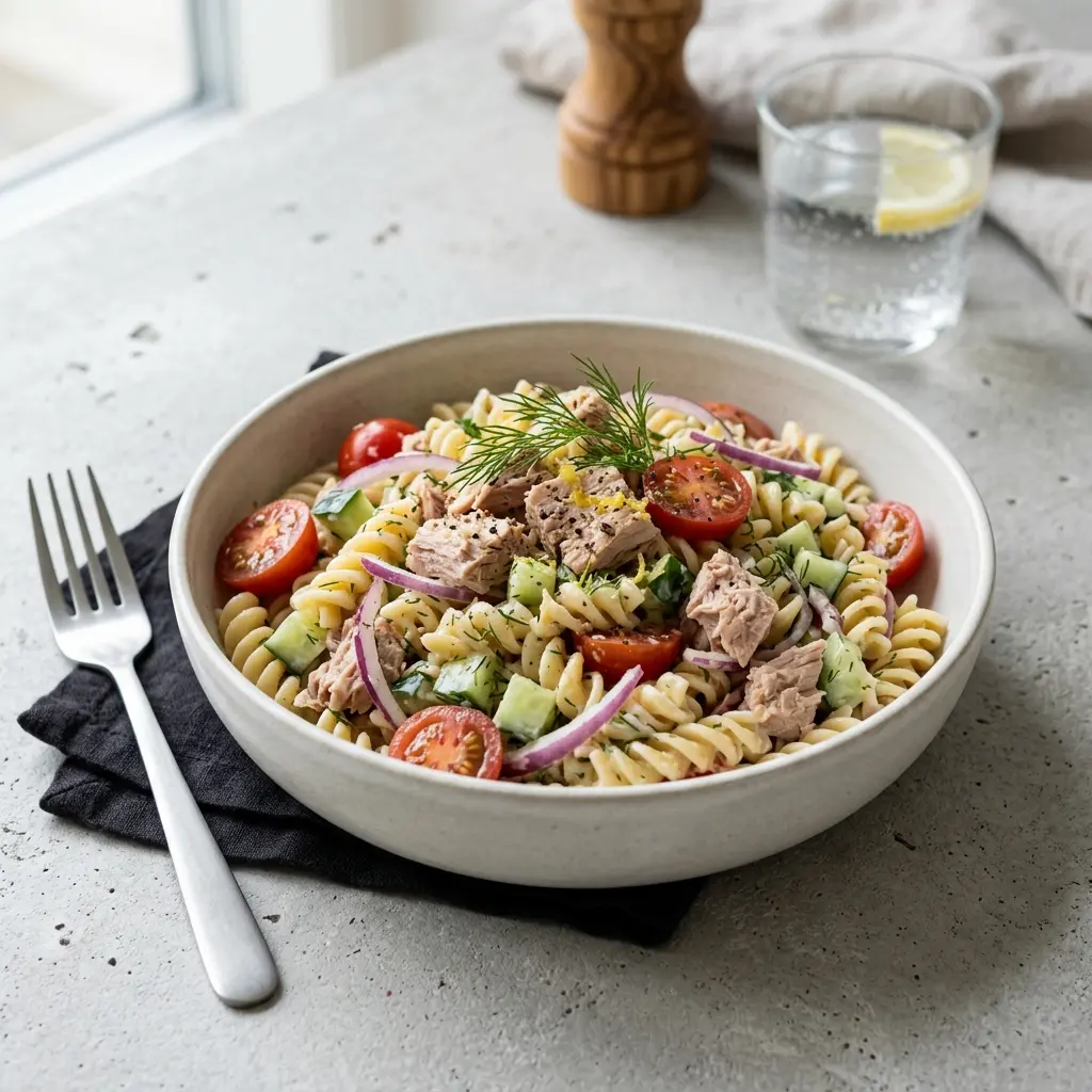 Kald pastasalat med tunfisk servert som frisk salat