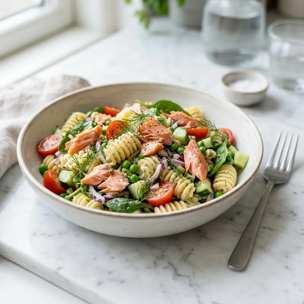 En frisk porsjon kald pastasalat med varmrøkt laks med ferske råvarer og fin servering