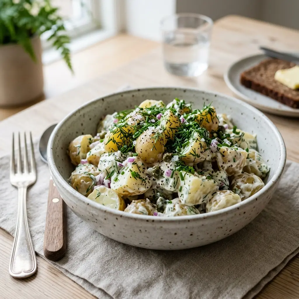 En frisk porsjon kald potetsalat med ferske råvarer og fin servering