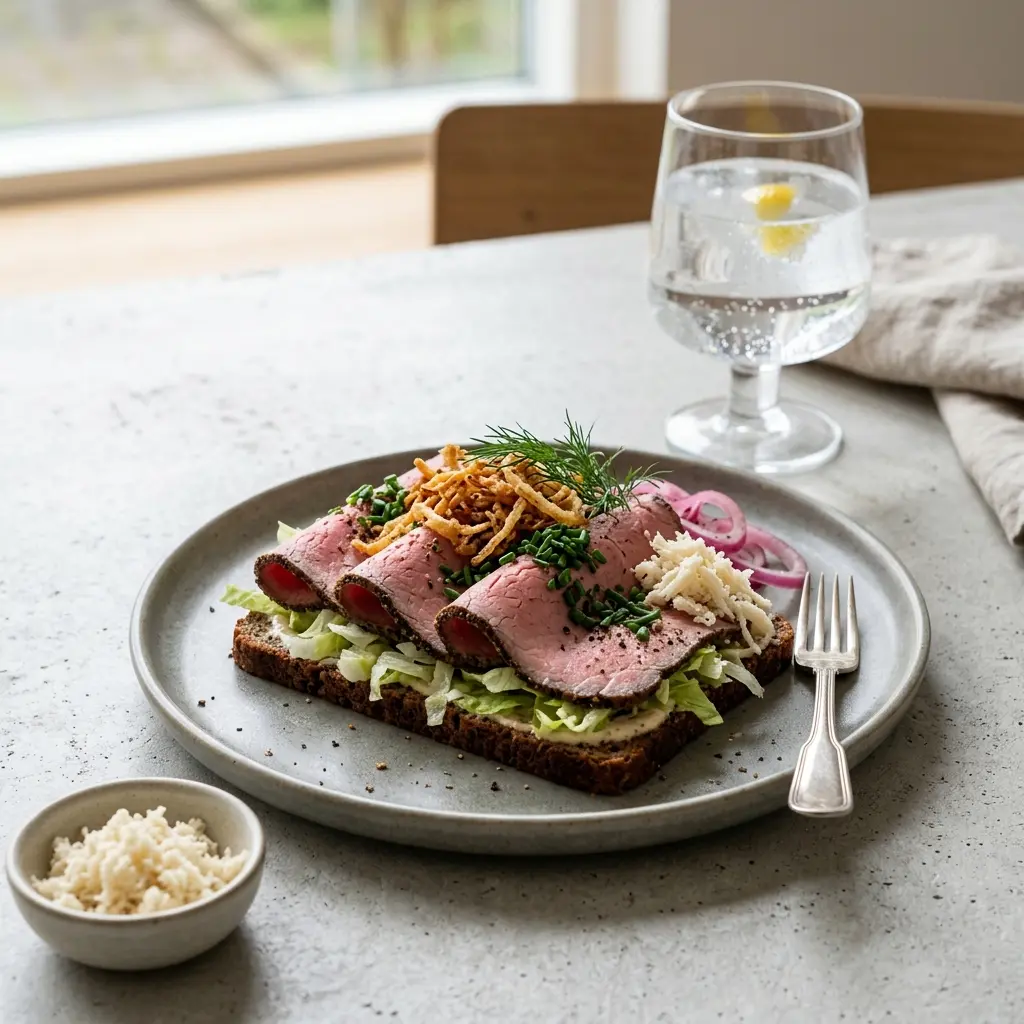 Nylaget kald roastbiff til lunsj servert på en appetittlig og hjemmelaget måte