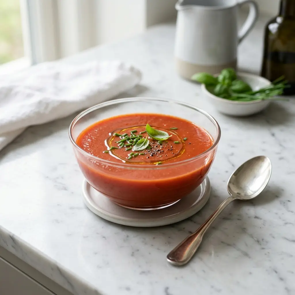 En varm porsjon kald tomatsuppe servert på en innbydende måte