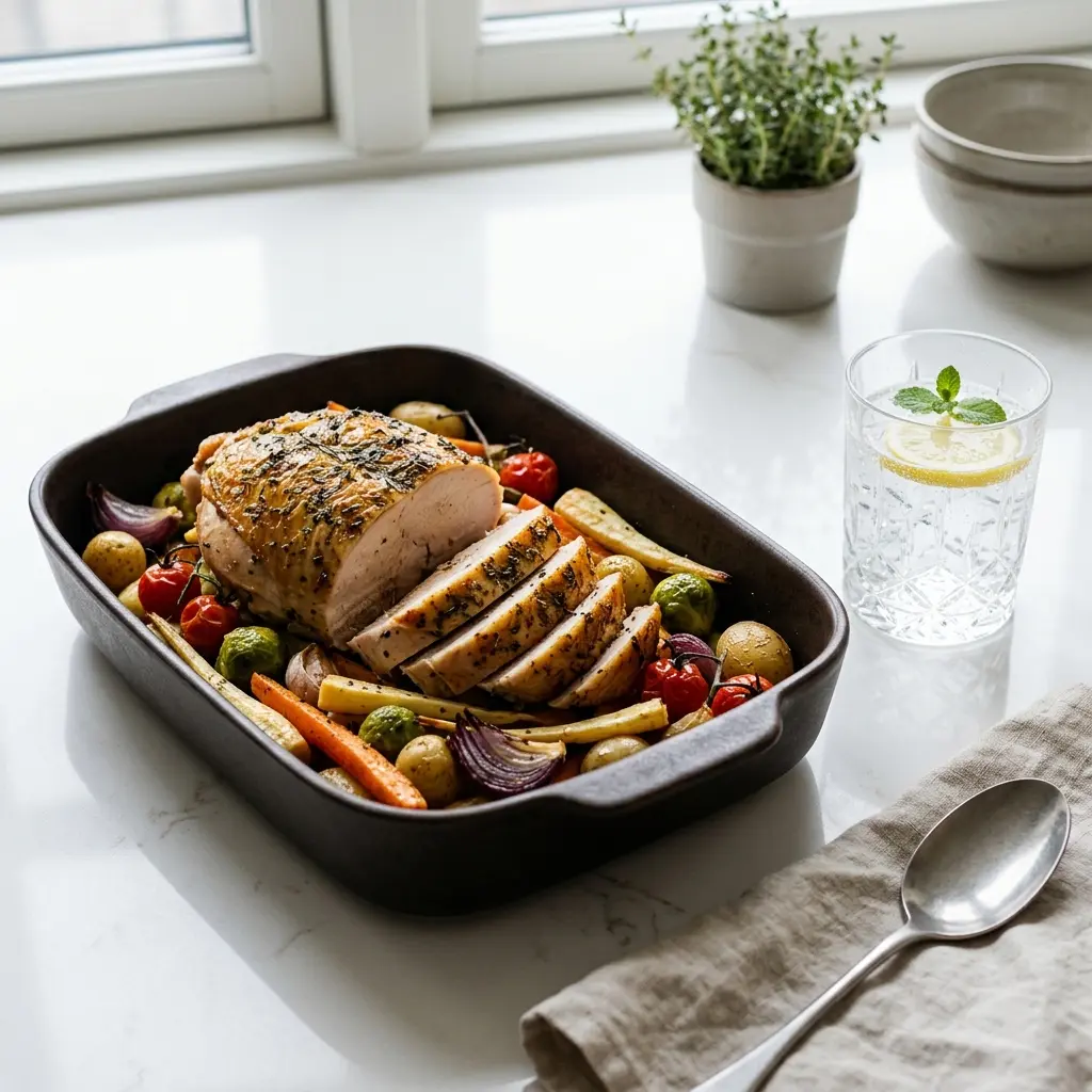 Nylaget kalkunbryst i form med grønnsaker servert på en appetittlig og hjemmelaget måte