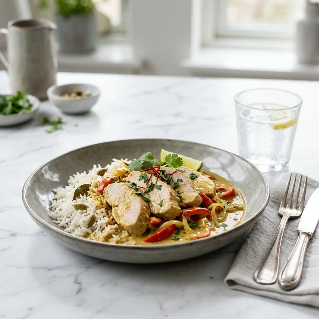 Nylaget kalkunbryst i karri servert på en appetittlig og hjemmelaget måte