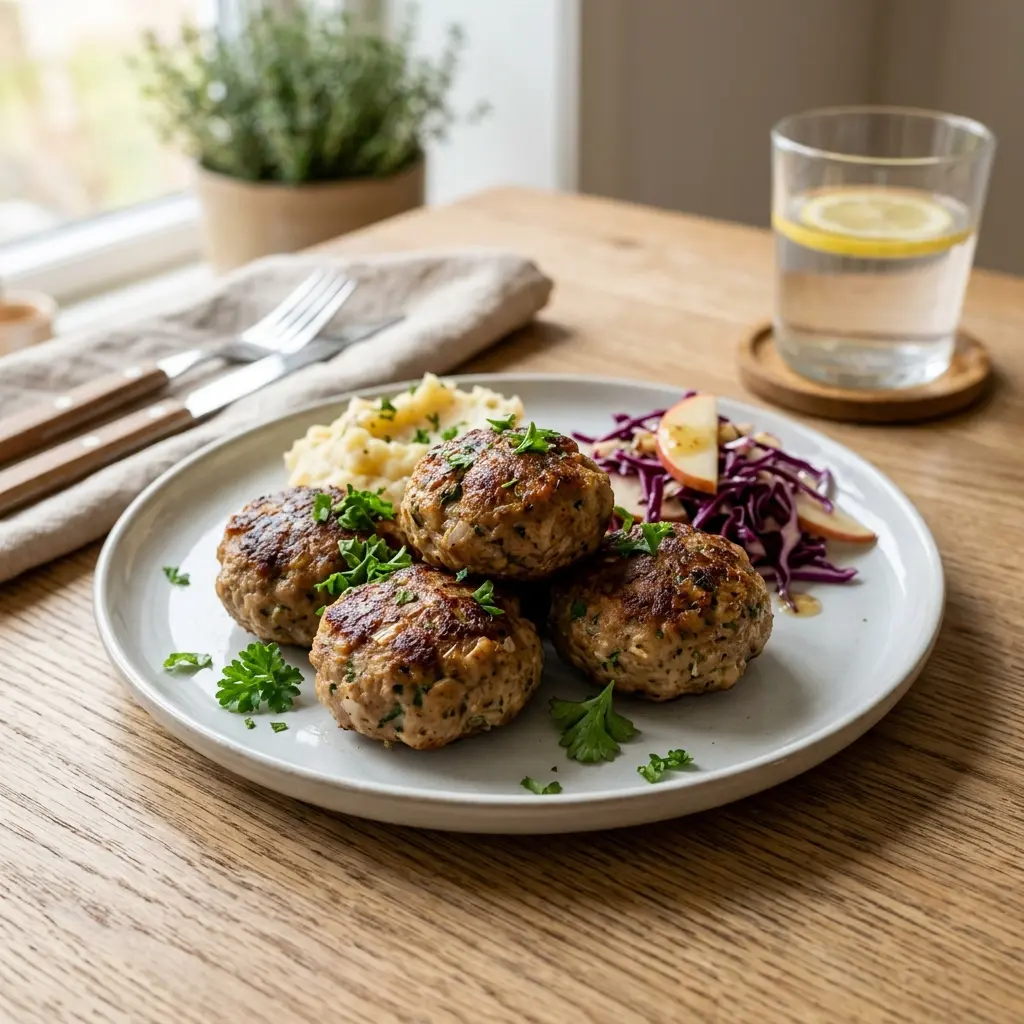 Nylaget kalkunfrikadeller servert på en appetittlig og hjemmelaget måte