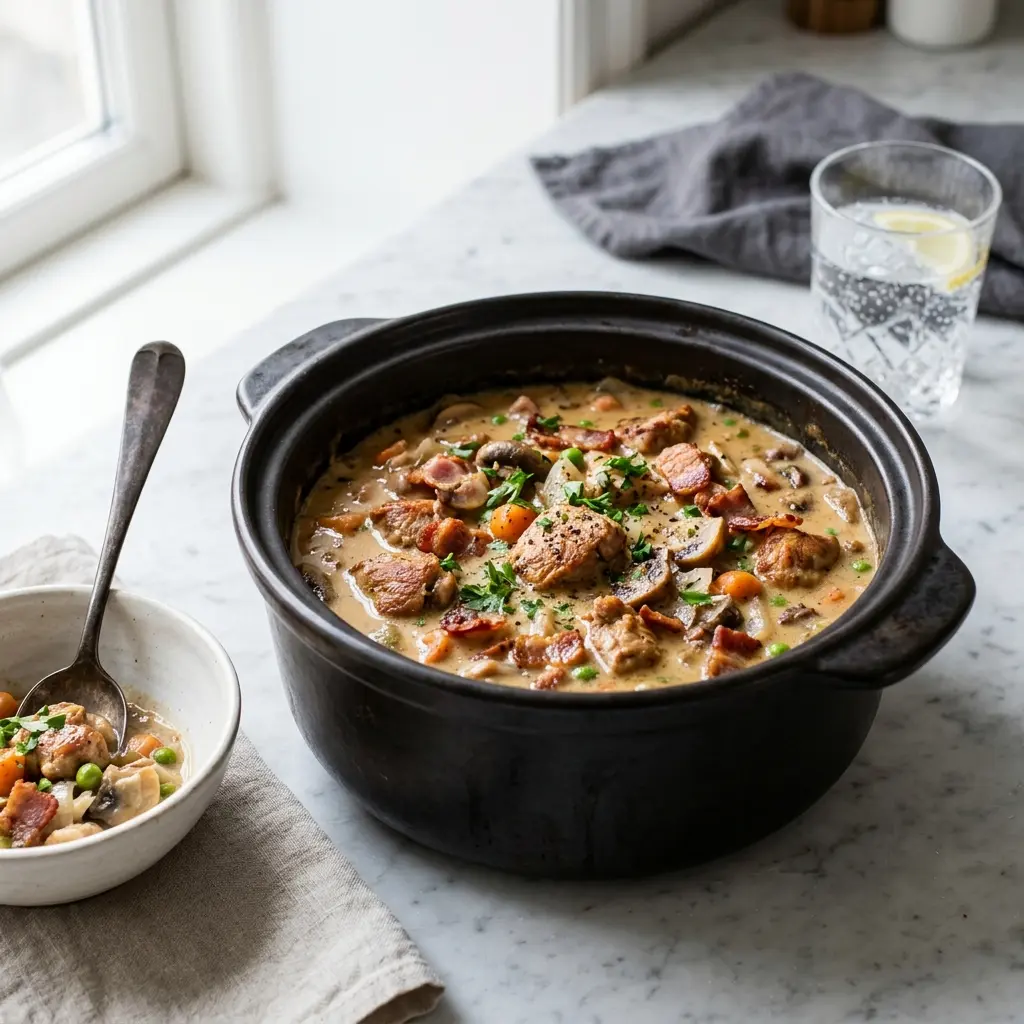 Nylaget kalkungryte med bacon servert på en appetittlig og hjemmelaget måte