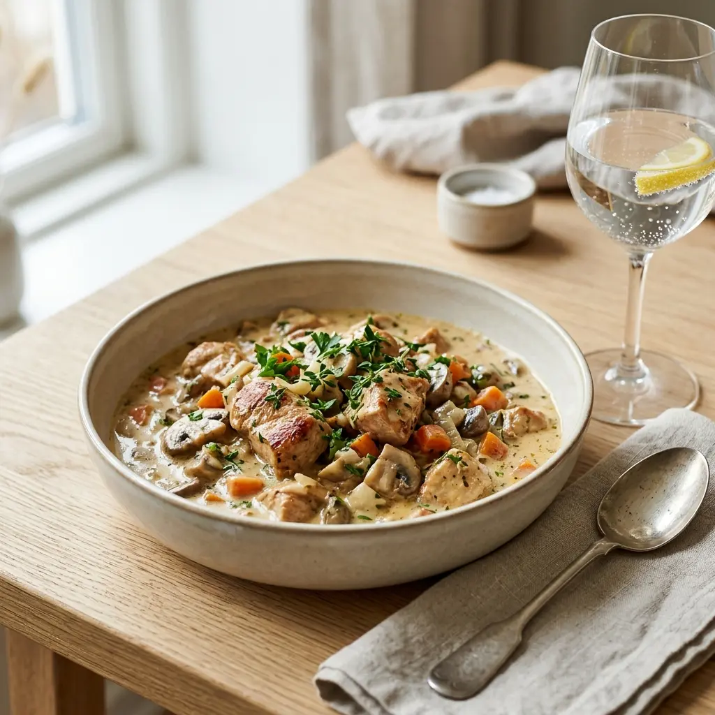 Nylaget kalkungryte med fløte servert på en appetittlig og hjemmelaget måte