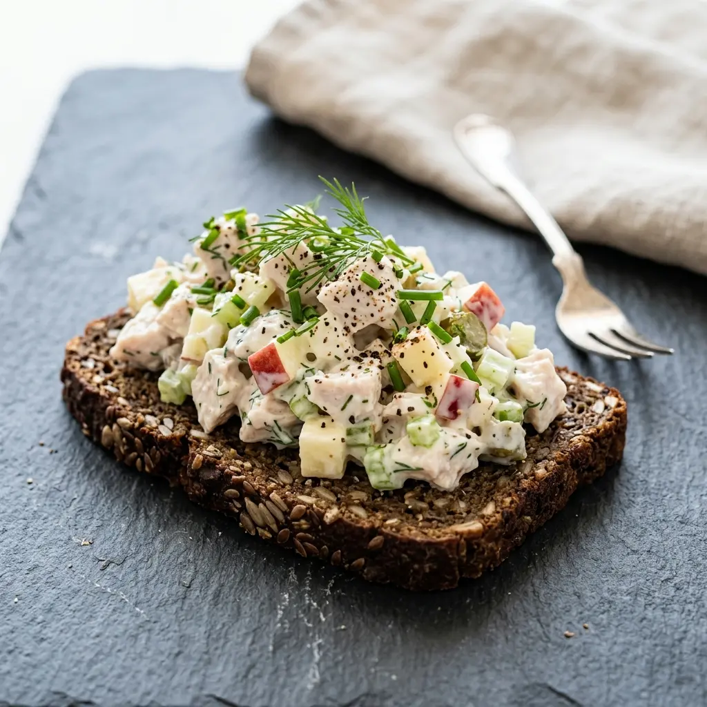 Nybakt kalkunsalat til rugbrød servert og klar til å nytes