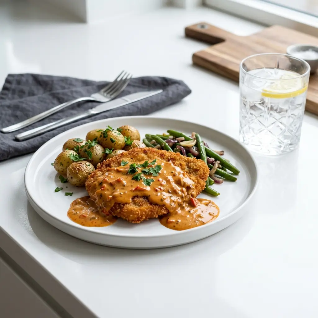 Kalkunschnitzel med paprikasaus servert ferdig som hjemmelaget rett