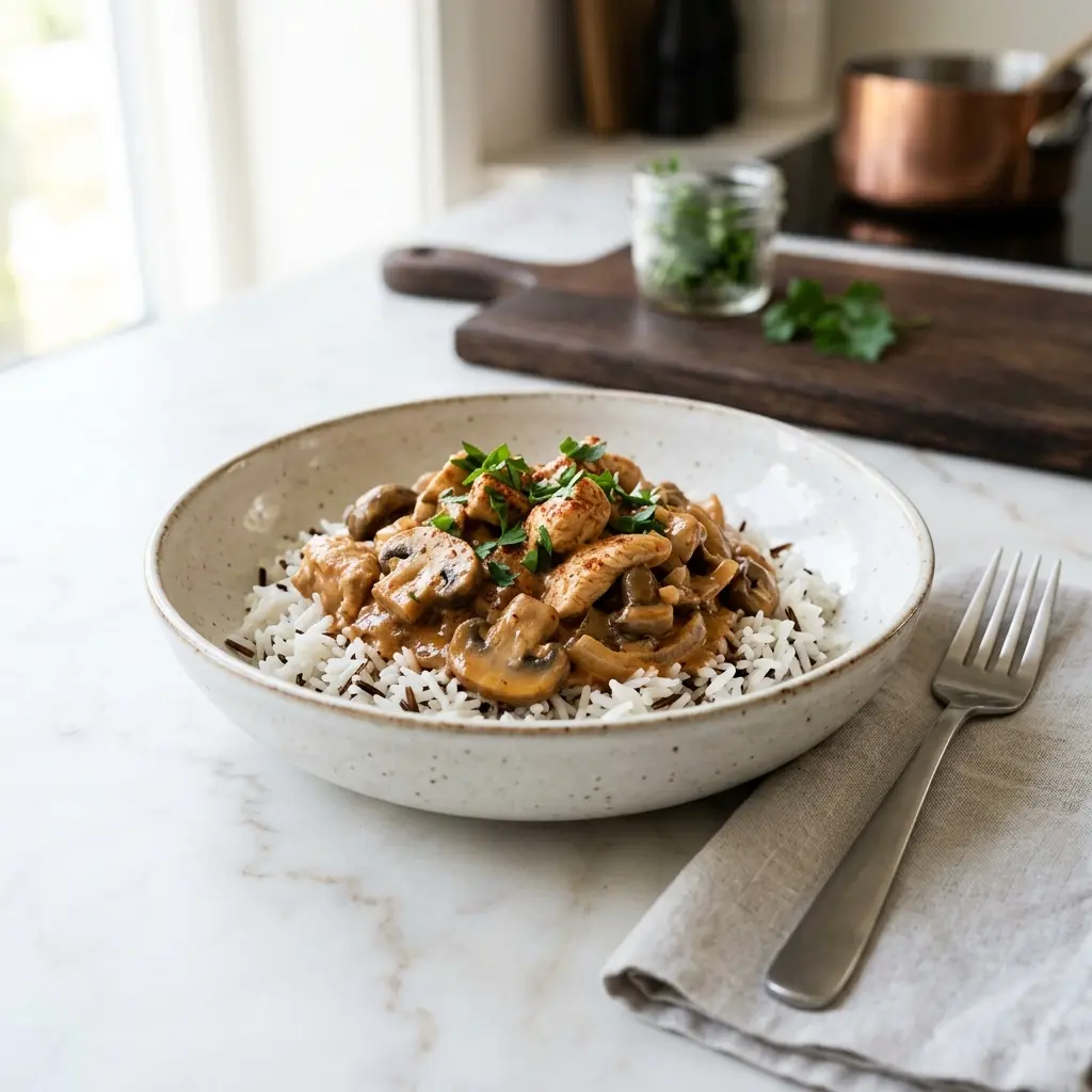 Nylaget kalkunstroganoff servert på en appetittlig og hjemmelaget måte