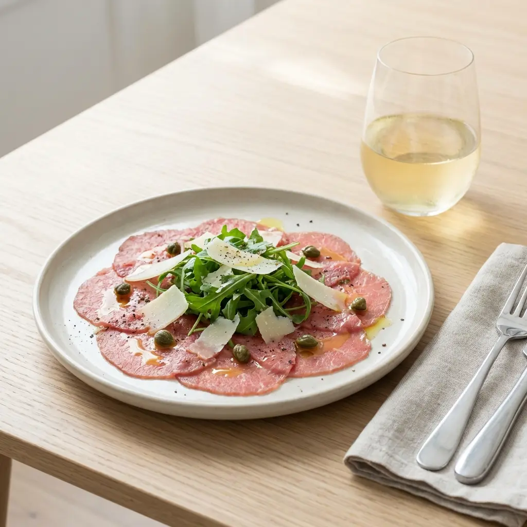 Nylaget kalvecarpaccio servert på en appetittlig og hjemmelaget måte