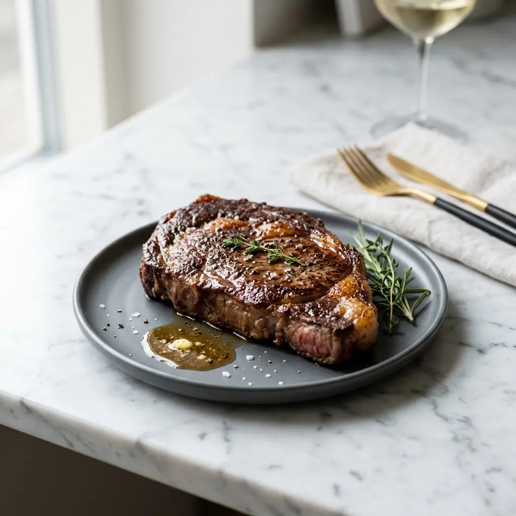 Nylaget kalveentrecôte i stekepanne servert på en appetittlig og hjemmelaget måte