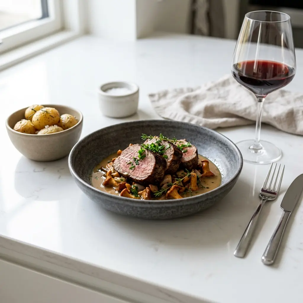 Nylaget kalvemørbrad i stekepanne servert på en appetittlig og hjemmelaget måte