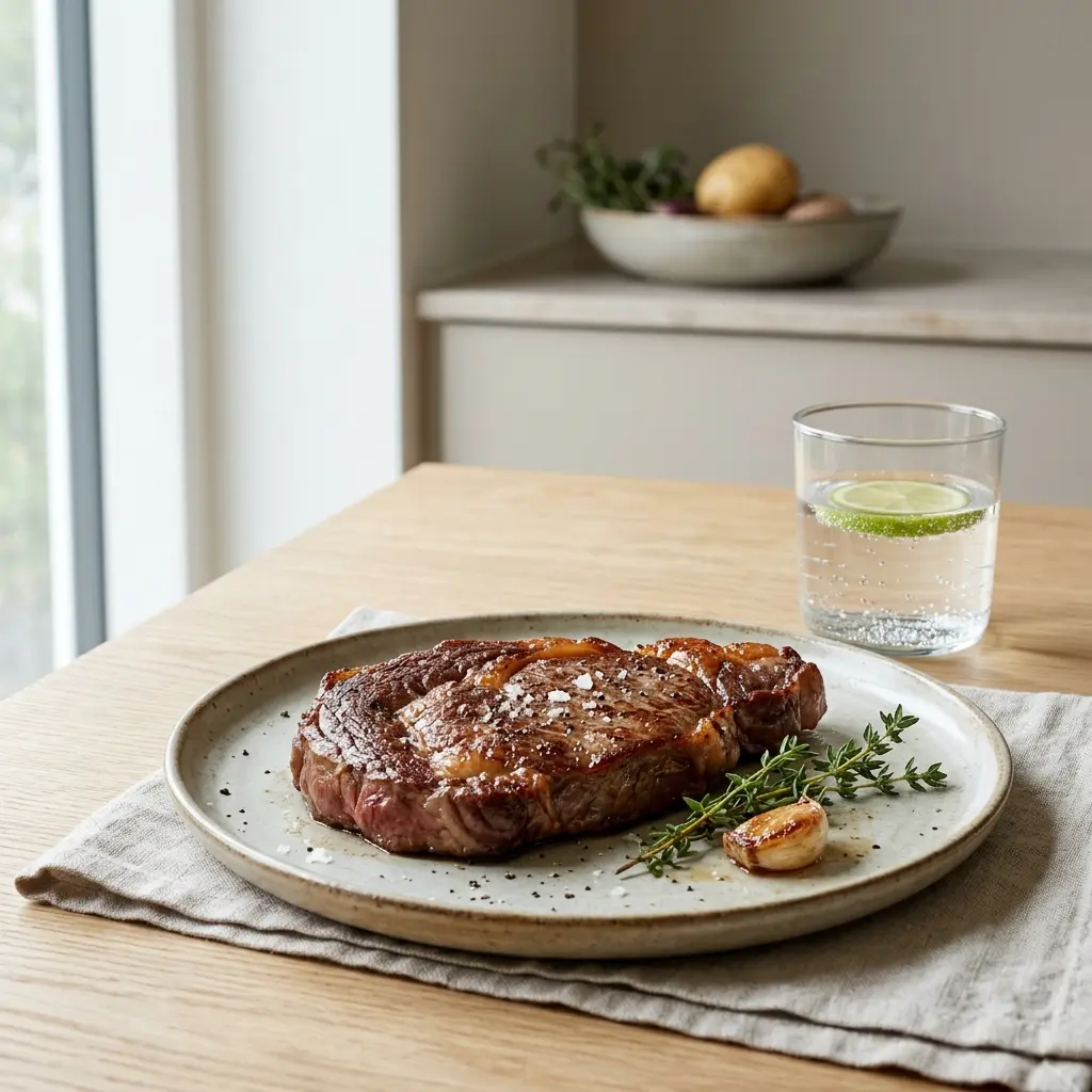 Nylaget kalveribeye i stekepanne servert på en appetittlig og hjemmelaget måte