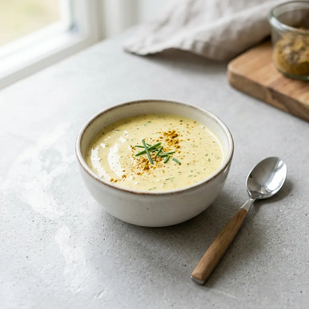 En skål med karridressing klar til servering som smakfullt tilbehør