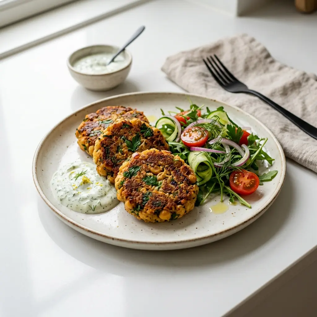 Nylaget kikertbiffer servert på en appetittlig og hjemmelaget måte