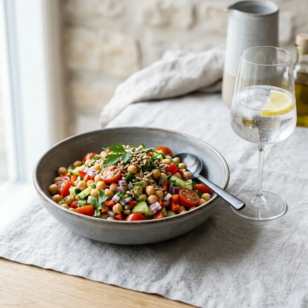 En frisk porsjon kikertsalat med ferske råvarer og fin servering