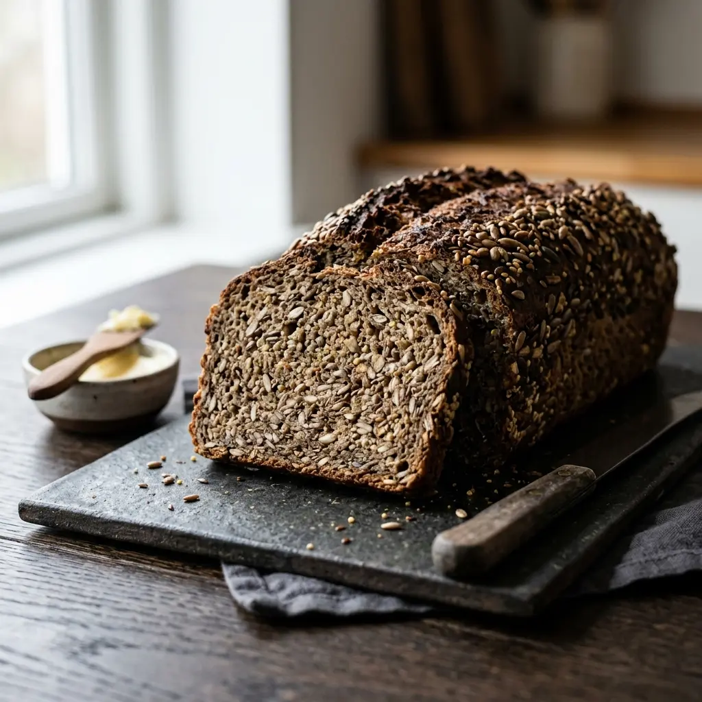 Nybakt kjernebrød servert og klar til å nytes