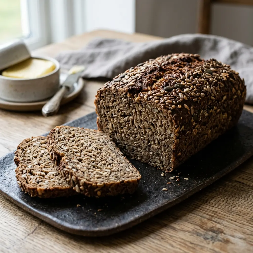 Nybakt kjernerugbrød servert og klar til å nytes