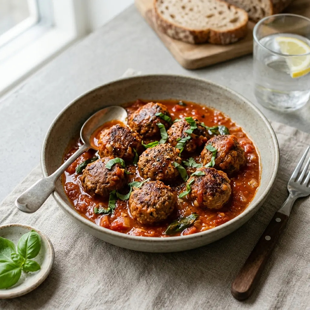 Kjøttboller i tomatsaus servert ferdig som hjemmelaget rett