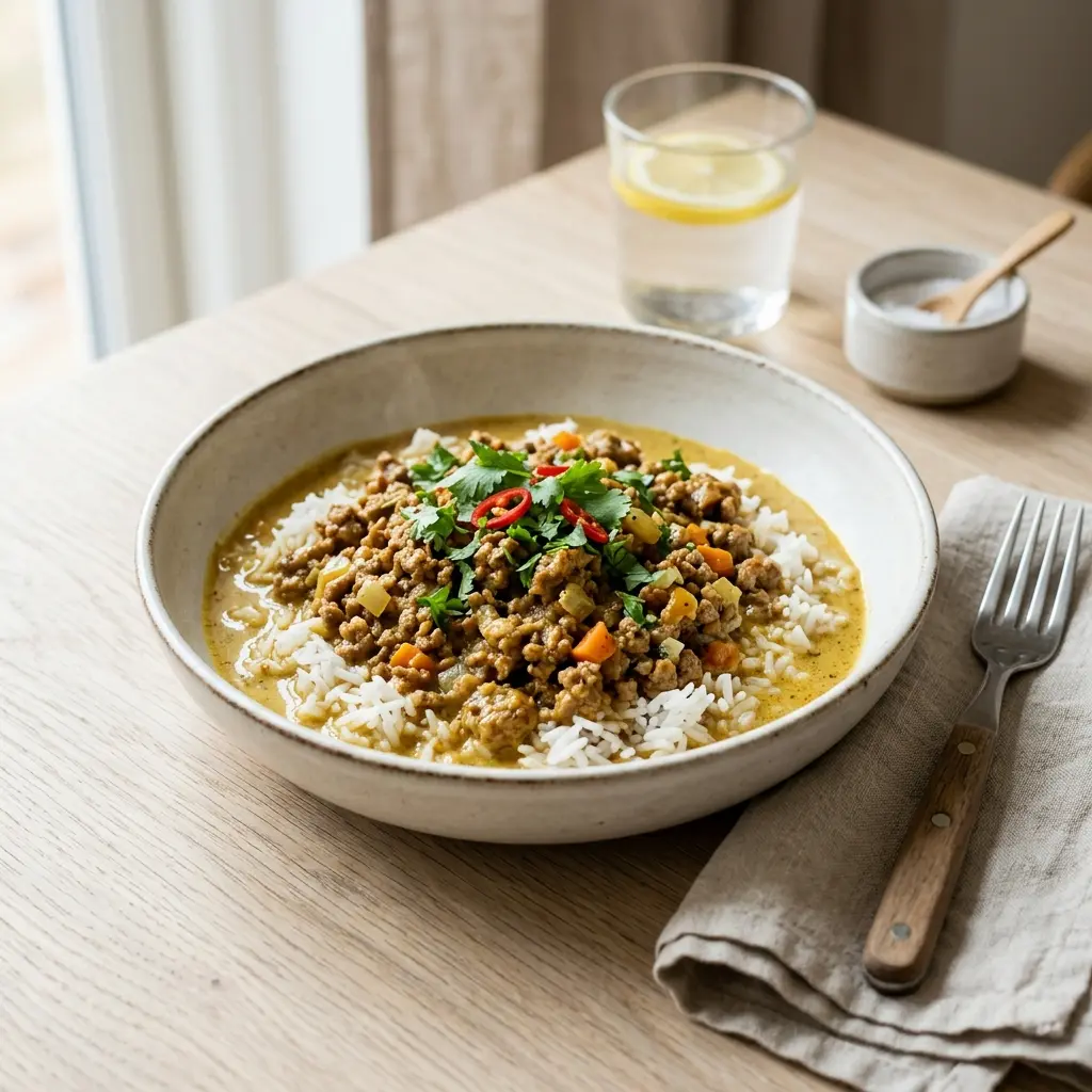 Nylaget kjøttdeig av svin i karri servert på en appetittlig og hjemmelaget måte