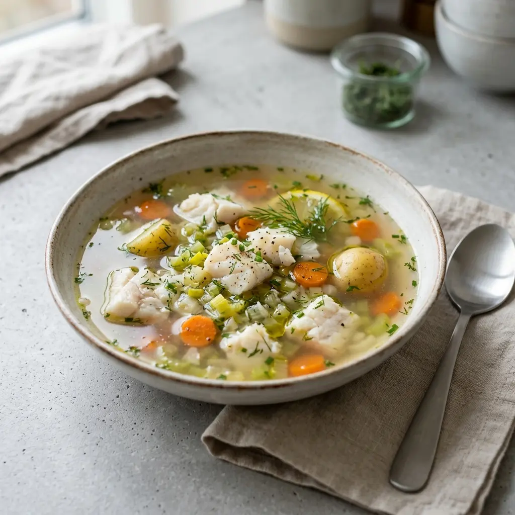 En varm porsjon klar fiskesuppe med hvit fisk servert på en innbydende måte