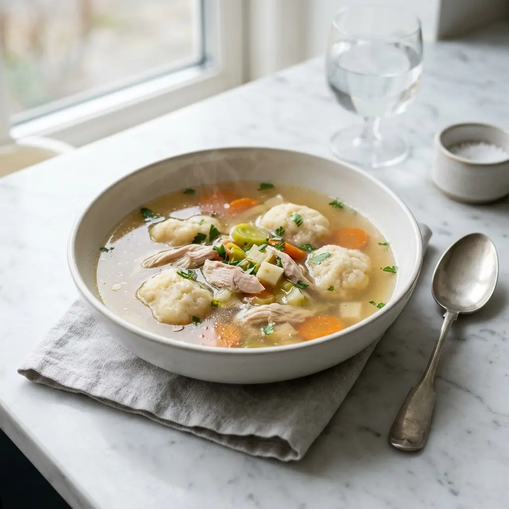 En varm porsjon klar kyllingsuppe med melboller servert på en innbydende måte