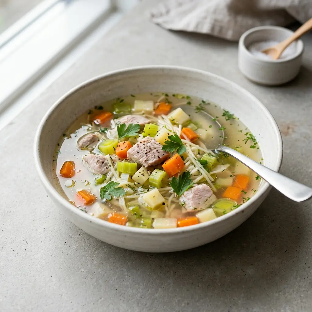 En varm porsjon klar suppe med kalkun servert på en innbydende måte