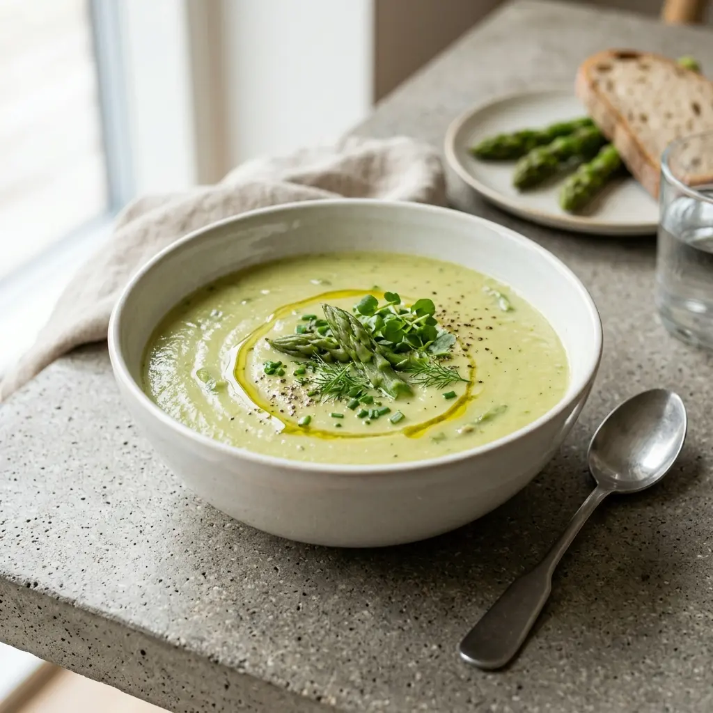 En varm porsjon klassisk aspargessuppe servert på en innbydende måte