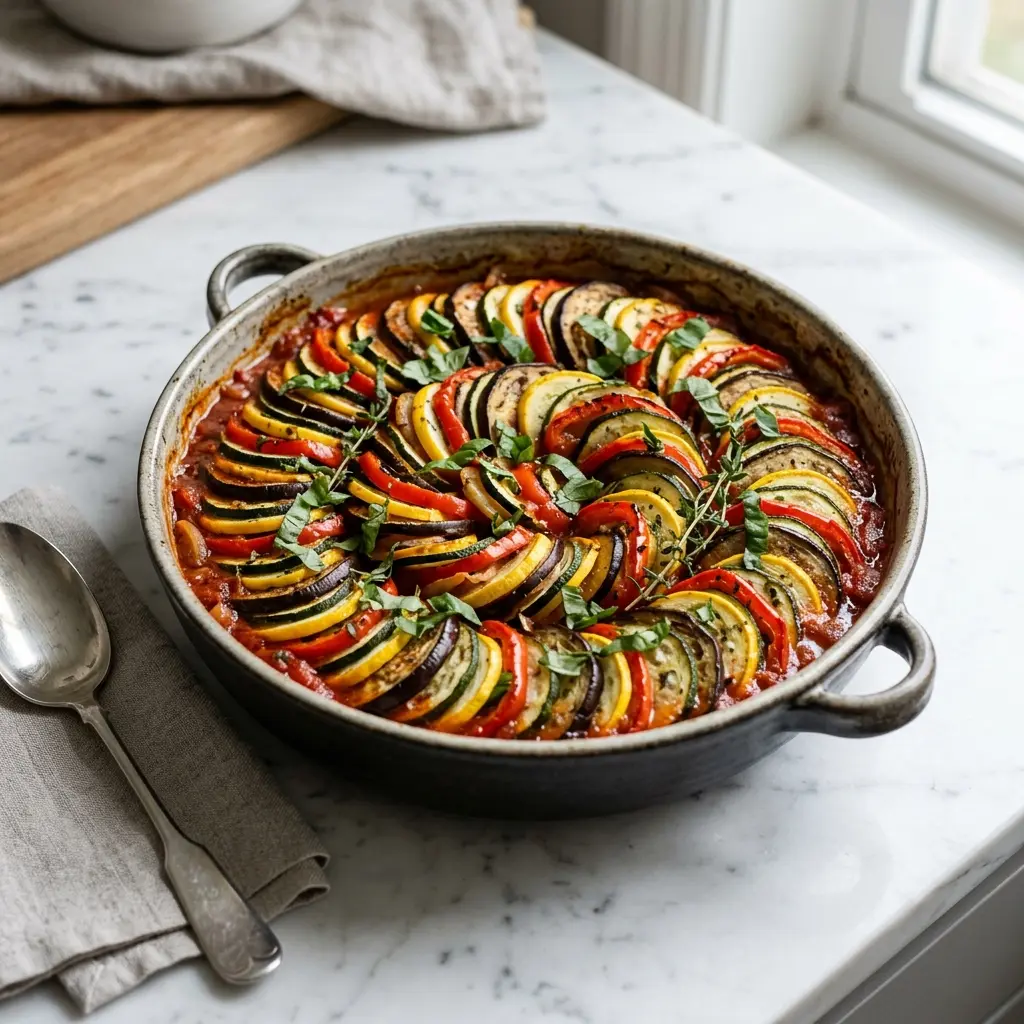 Klassisk ratatouille servert ferdig som hjemmelaget rett