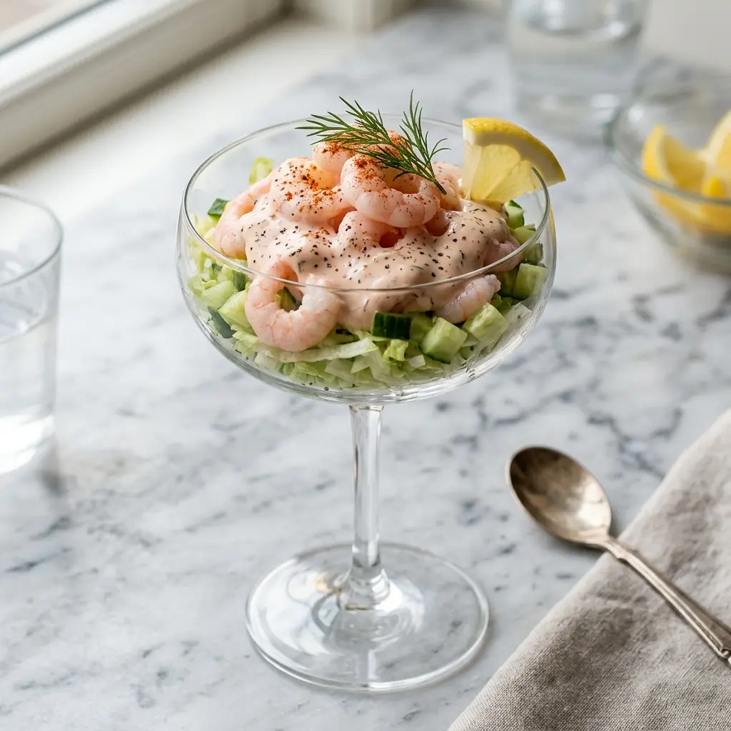 Klassisk rekecocktail servert ferdig som hjemmelaget rett