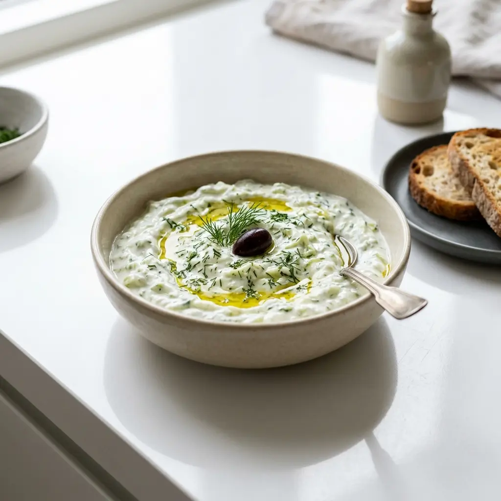 Klassisk tzatziki servert ferdig som hjemmelaget rett