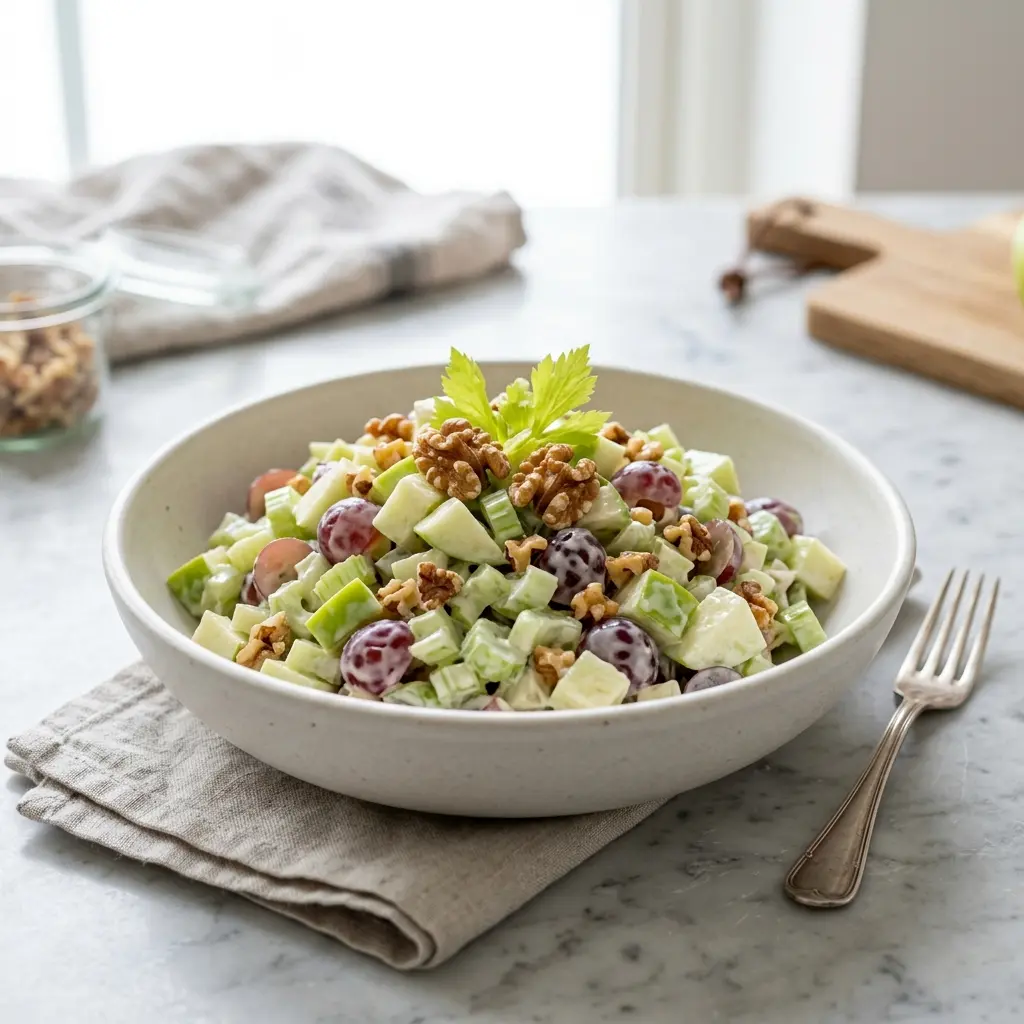Klassisk waldorfsalat servert som frisk salat