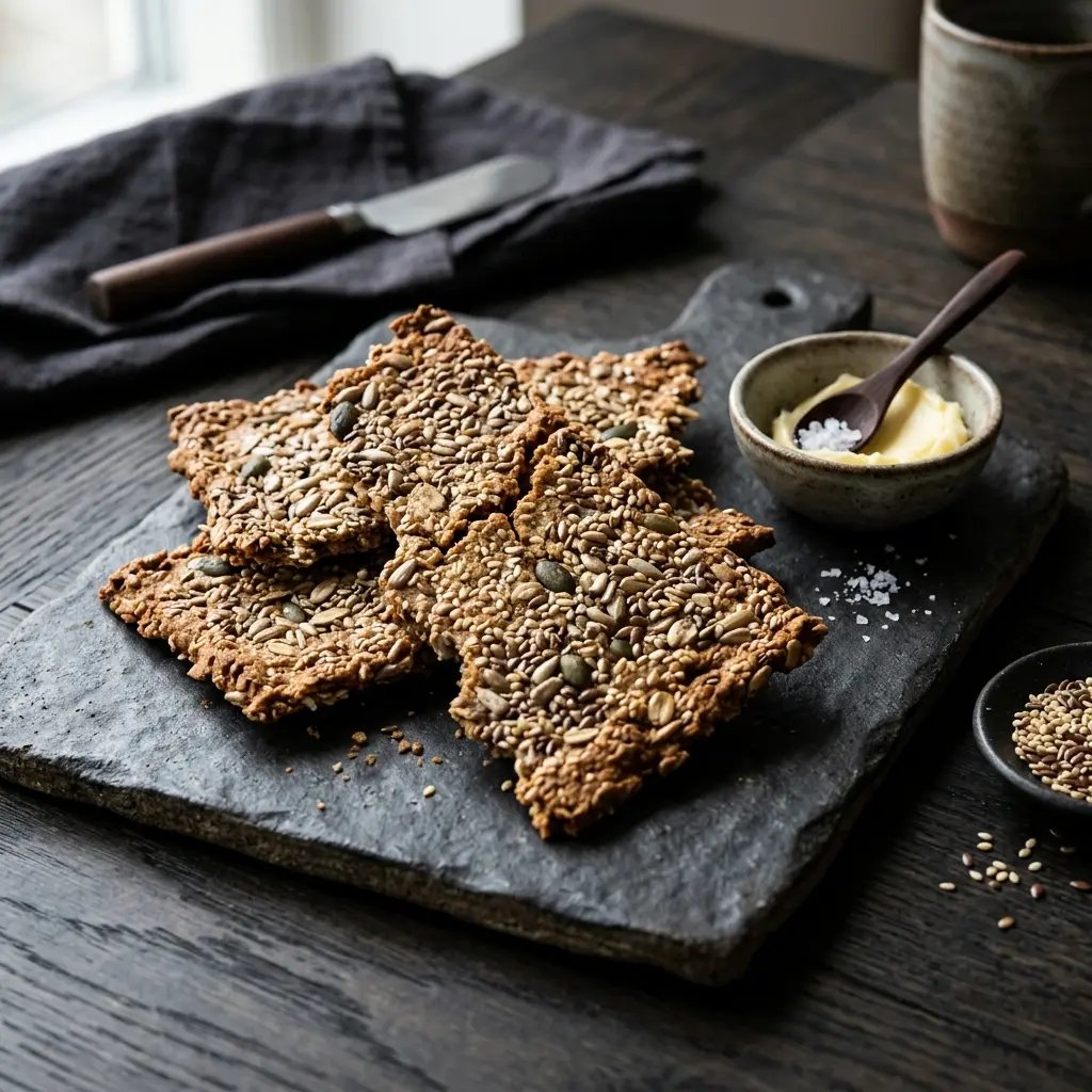 Nybakt knekkebrød med kjerner servert og klar til å nytes