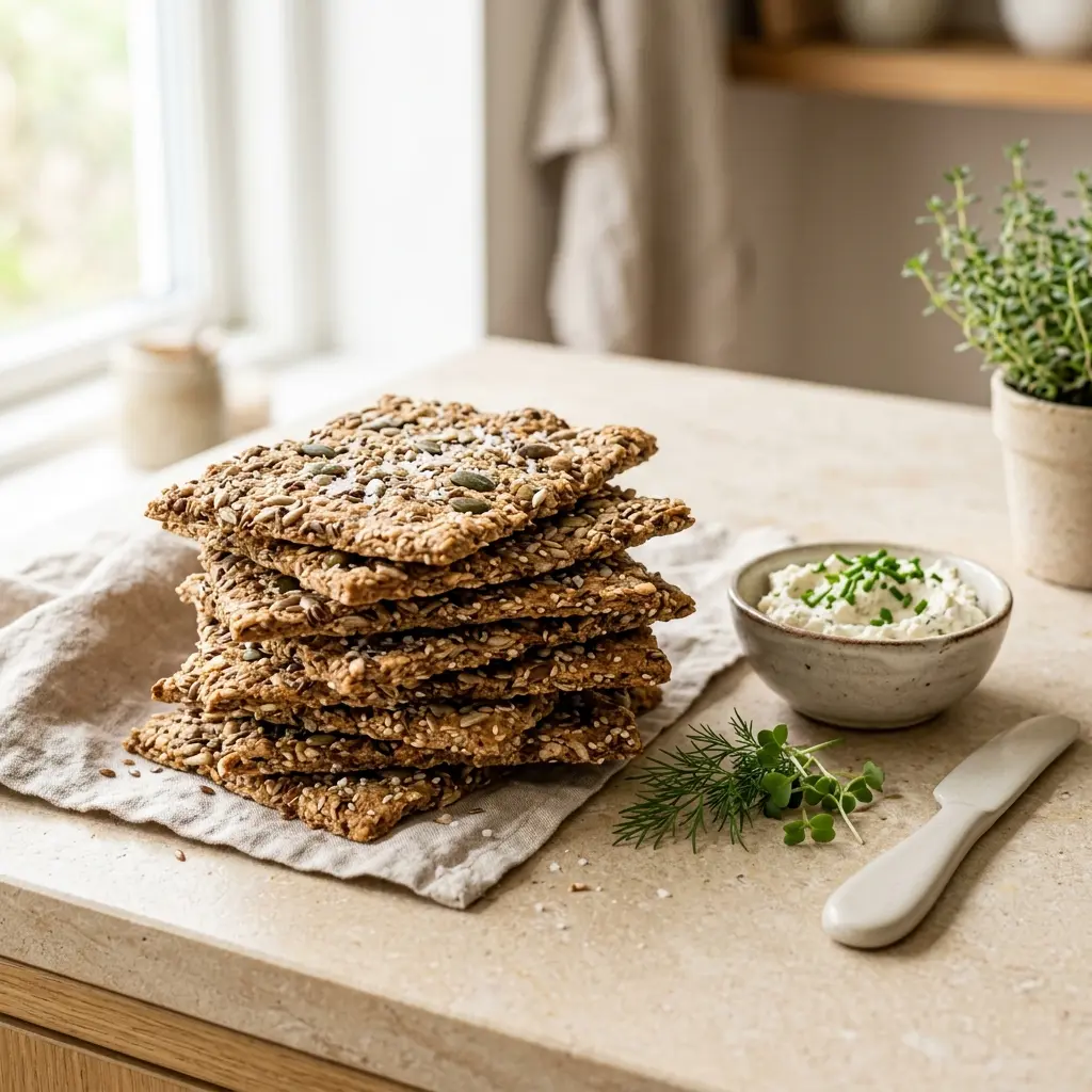 Nybakt knekkebrød servert og klar til å nytes