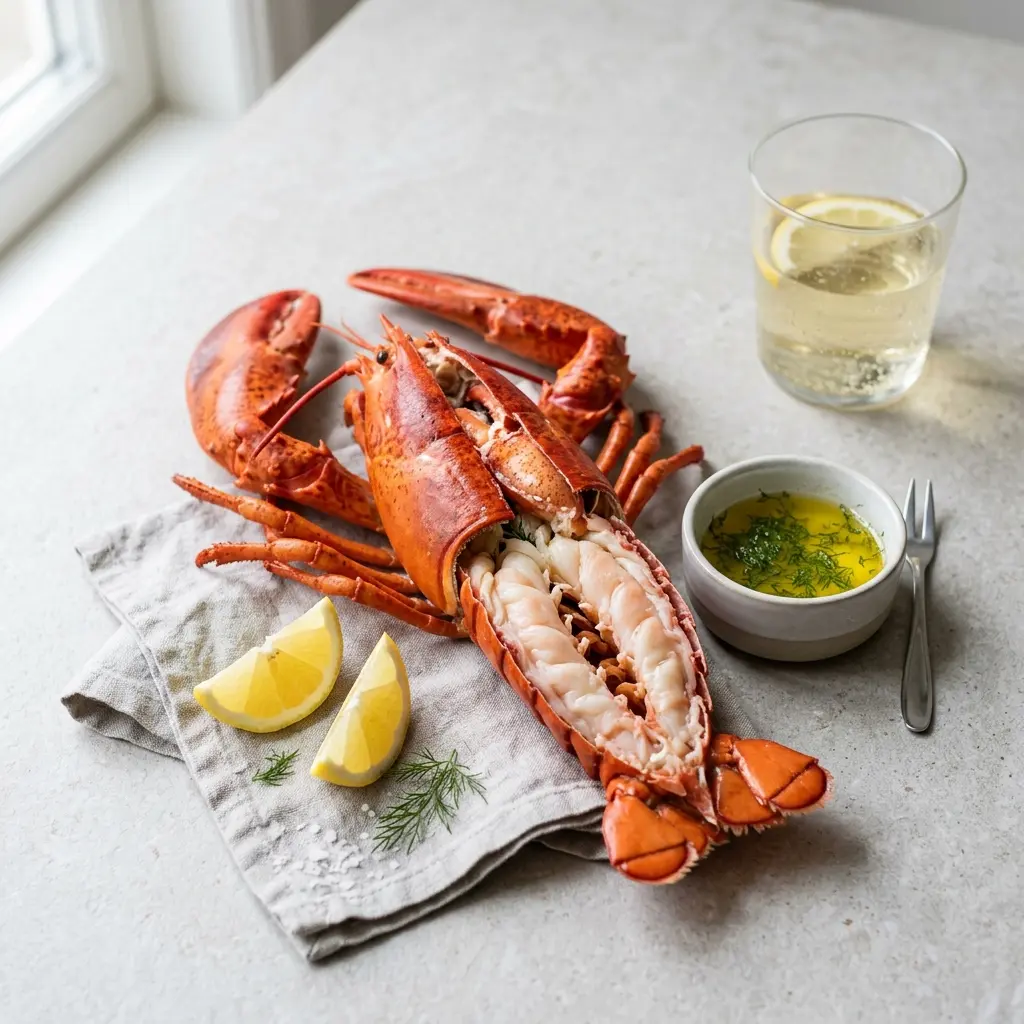 Nylaget kokt hummer servert på en appetittlig og hjemmelaget måte