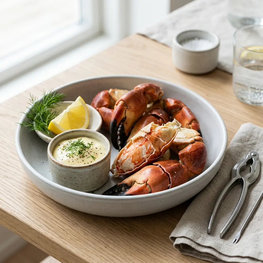 Nylaget kokte krabbeklør servert på en appetittlig og hjemmelaget måte