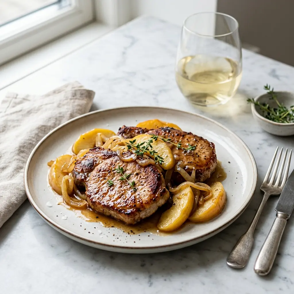 Nylaget koteletter med epler og løk servert på en appetittlig og hjemmelaget måte