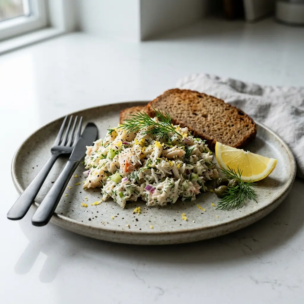 En frisk porsjon krabbesalat med dill og sitron med ferske råvarer og fin servering