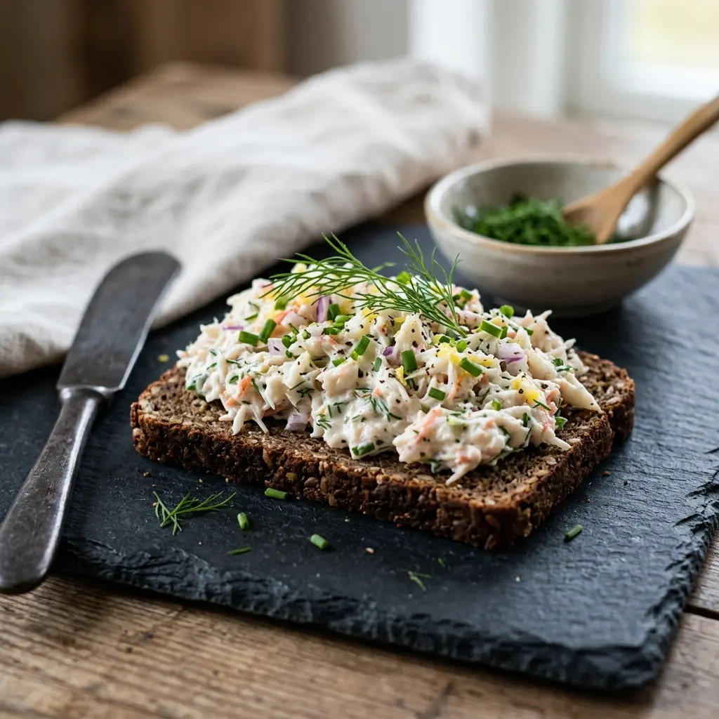 Nybakt krabbesalat til rugbrød servert og klar til å nytes