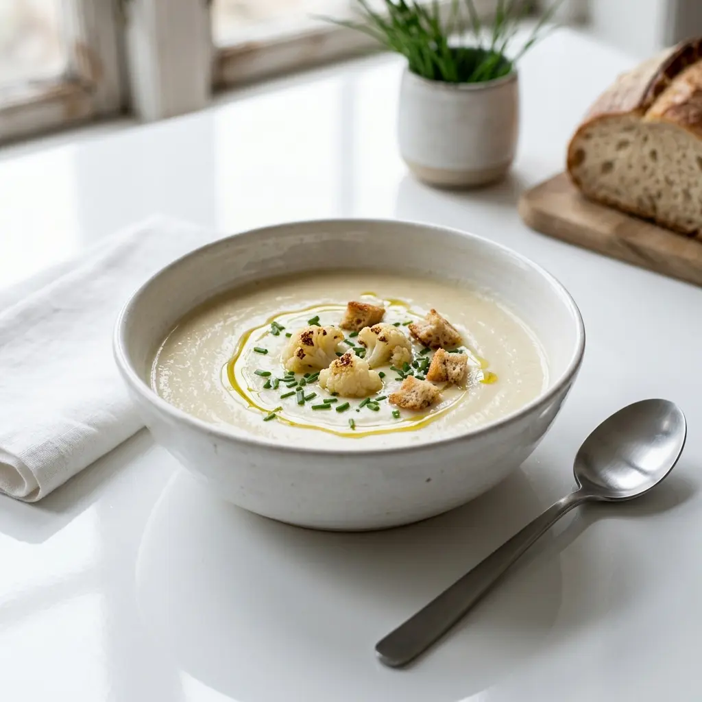 En varm porsjon kremet blomkålsuppe servert på en innbydende måte