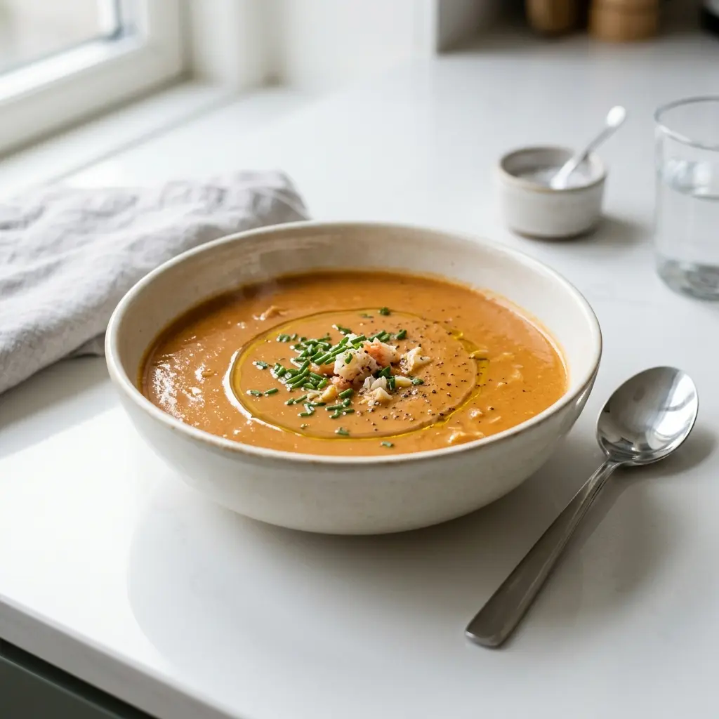 En varm porsjon kremet krabbesuppe servert på en innbydende måte