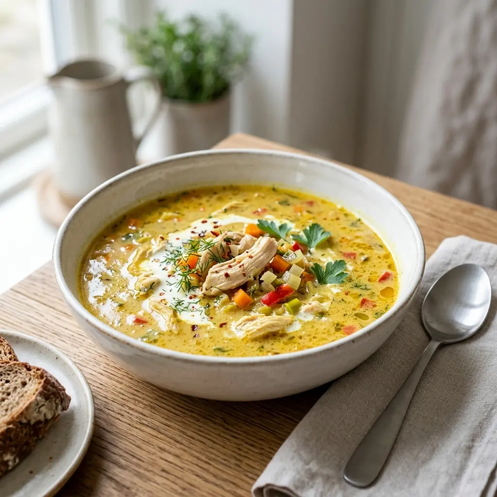 En varm porsjon kremet kyllingsuppe med karri servert på en innbydende måte