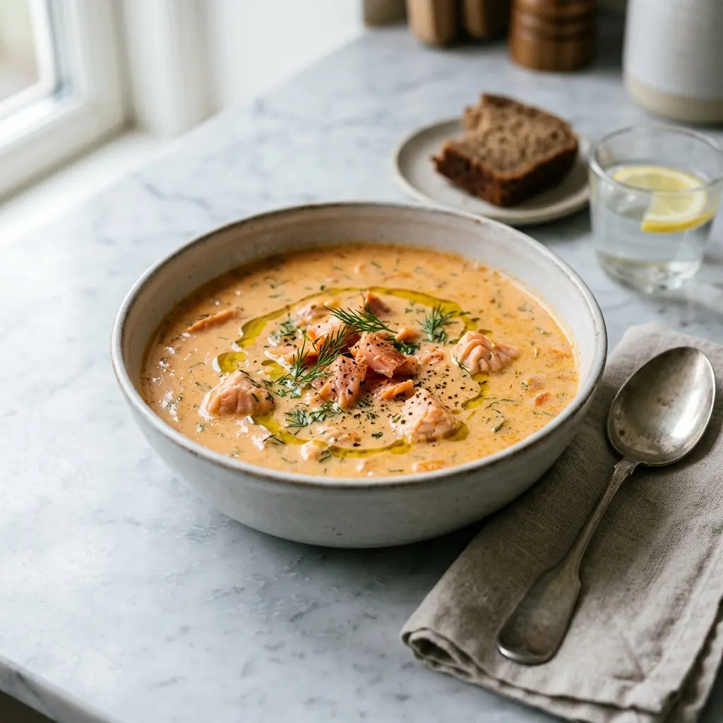 En varm porsjon kremet laksesuppe servert på en innbydende måte