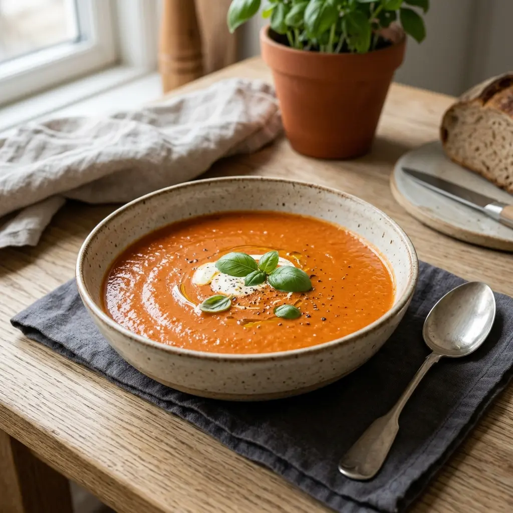 En varm porsjon kremet tomatsuppe servert på en innbydende måte