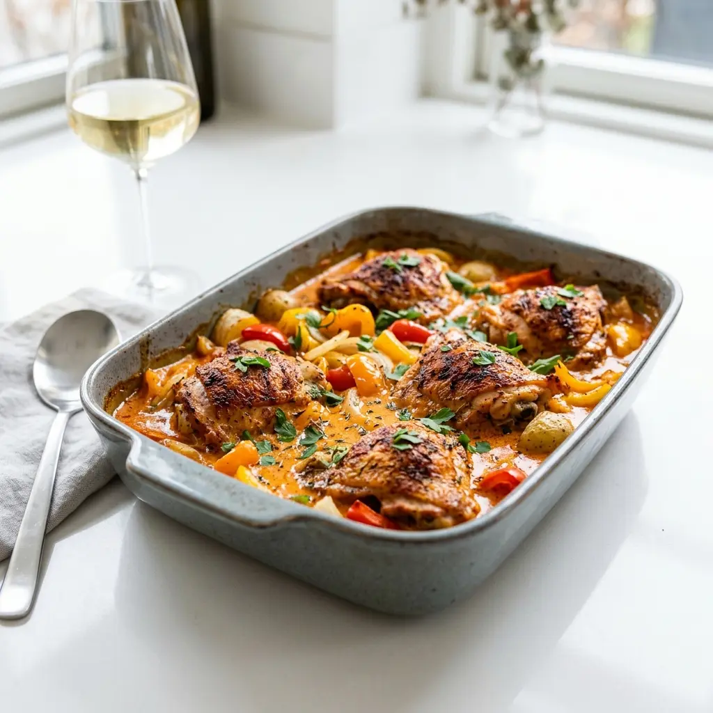 Nylaget kylling i form med paprika servert på en appetittlig og hjemmelaget måte