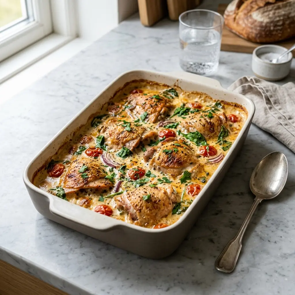Nylaget kylling i form med pikantost servert på en appetittlig og hjemmelaget måte